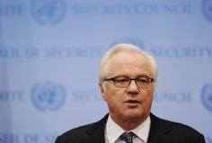 (FILES) This file photo taken on March 7, 2014 shows Vitaly Churkin, Russia's Ambassador to the United Nations speaking to the media after a closed-door session of the Security Council to discuss the situation in Ukraine at UN headquarters in New York. Russia's envoy to the United Nations Vitaly Churkin died suddenly on February 20, 2017, the foreign ministry said, without naming the cause. / AFP PHOTO / STAN HONDA