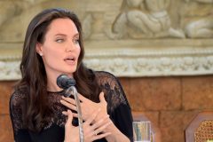 (FILES) This file photo taken on February 18, 2017 shows Hollywood star Angelina Jolie  during a press conference at a hotel in Siem Reap.  Angelina Jolie had warm words for her estranged husband Brad Pitt and is optimistic about the future of their family, the Hollywood star said in an interview on February 21, 2017. Jolie and Pitt, once Hollywood's most celebrated couple known as "Brangelina," are in the midst of a high-profile divorce and last month reached an agreement to keep private the details of their split and battle over custody of their six children."We are focusing on the health of our family," Jolie said on ABC's "Good Morning America."   / AFP PHOTO / TANG CHHIN SOTHY