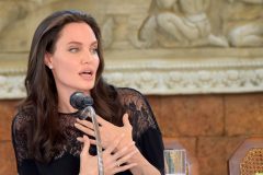 (FILES) This file photo taken on February 18, 2017 shows Hollywood star Angelina Jolie during a press conference at a hotel in Siem Reap. Angelina Jolie had warm words for her estranged husband Brad Pitt and is optimistic about the future of their family, the Hollywood star said in an interview on February 21, 2017. Jolie and Pitt, once Hollywood's most celebrated couple known as "Brangelina," are in the midst of a high-profile divorce and last month reached an agreement to keep private the details of their split and battle over custody of their six children."We are focusing on the health of our family," Jolie said on ABC's "Good Morning America." / AFP PHOTO / TANG CHHIN SOTHY