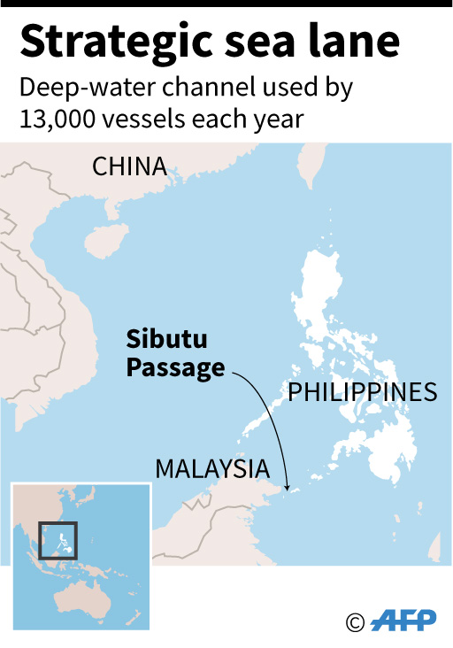 Map locating the Sibutu Passage between the Philippines and Malaysia.