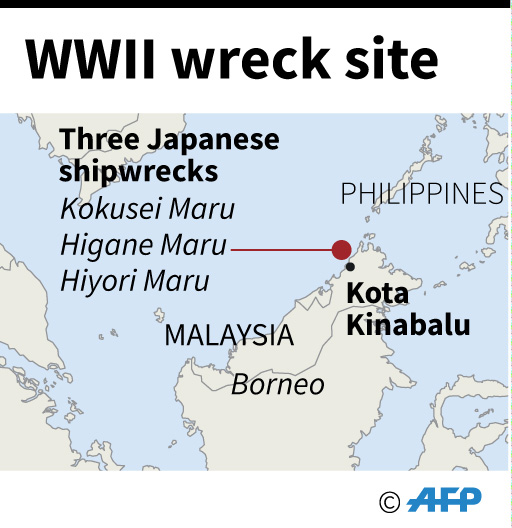 Map locating the area of three Japanese shipwrecks off the coast of Malaysia.  (AFP Graphics)