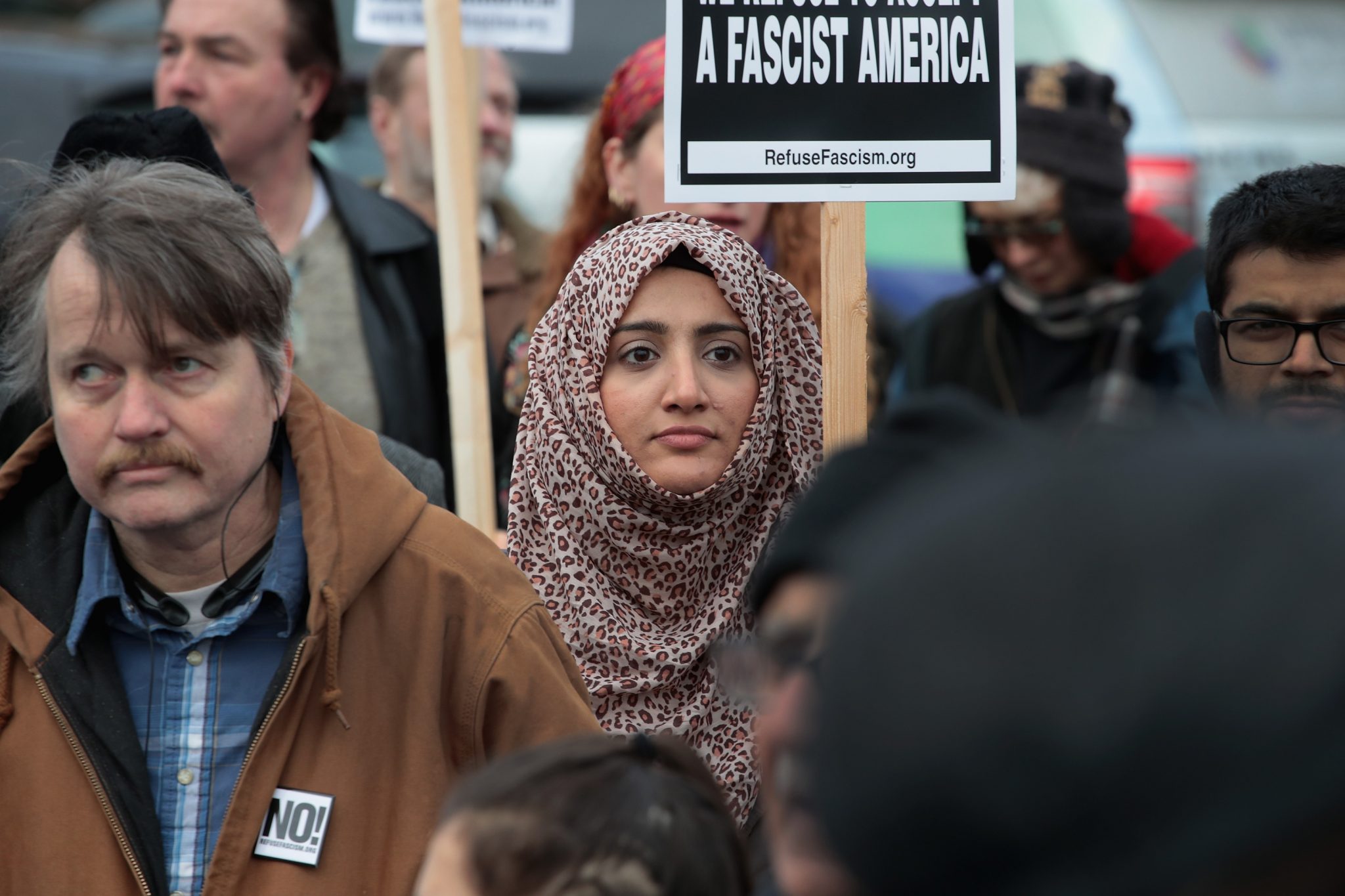 CHICAGO, IL - FEBRUARY 11: Demonstrators protest along Devon Avenue in the West Rogers Park neighborhood against President Donald Trump's attempt to impose a freeze on admitting refugees into the United States and impose a ban on travel from seven Muslim-majority countries on February 11, 2017 in Chicago, Illinois. The neighborhood, on Chicago's Northside, is one of the biggest and best-known Desi communities in the United States.   Scott Olson/Getty Images/AFP