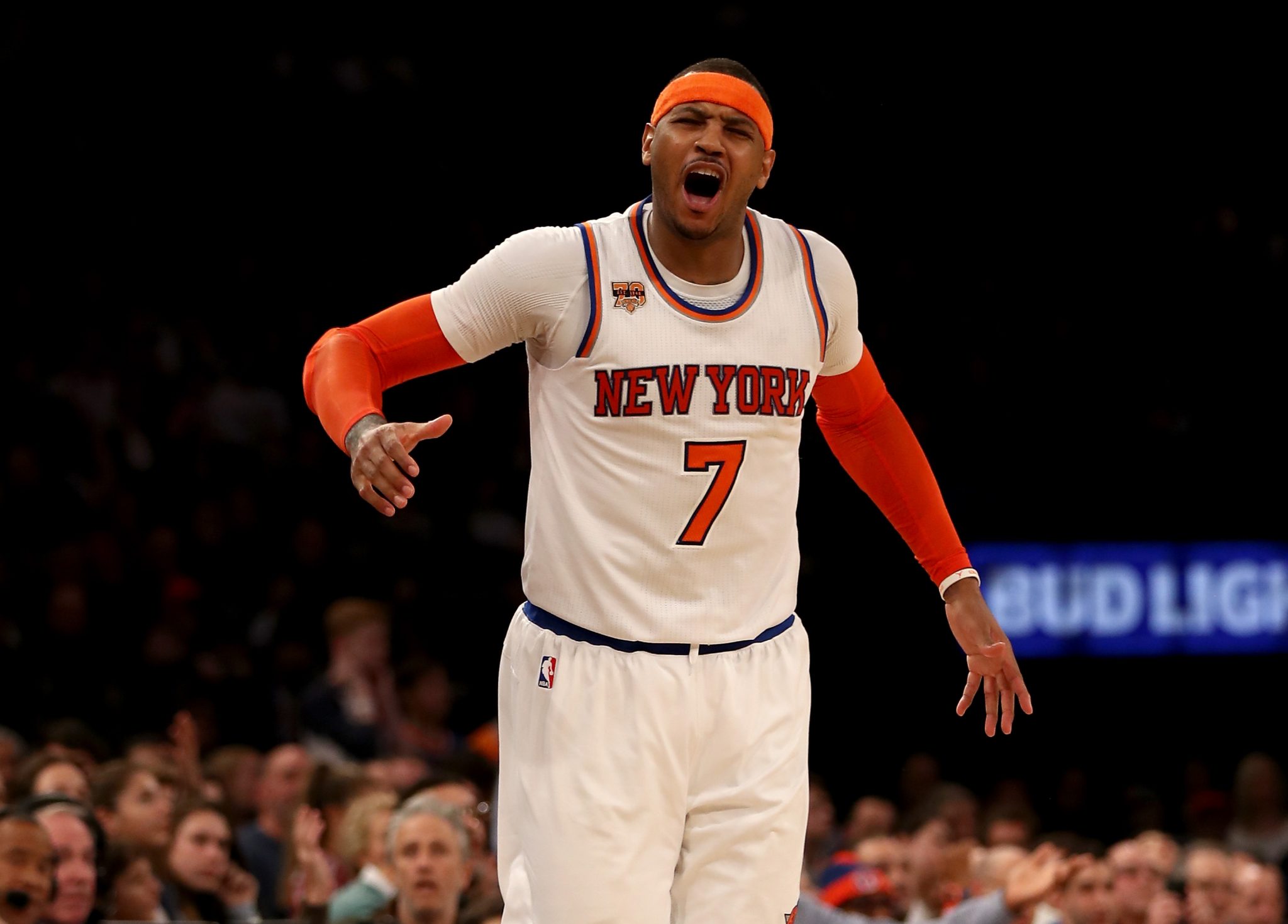 NEW YORK, NY - FEBRUARY 12: Carmelo Anthony #7 of the New York Knicks reacts after he is called for a foul in the fourth quarter against the San Antonio Spurs at Madison Square Garden on February 12, 2017 in New York City. NOTE TO USER: User expressly acknowledges and agrees that, by downloading and or using this Photograph, user is consenting to the terms and conditions of the Getty Images License Agreement   Elsa/Getty Images/AFP