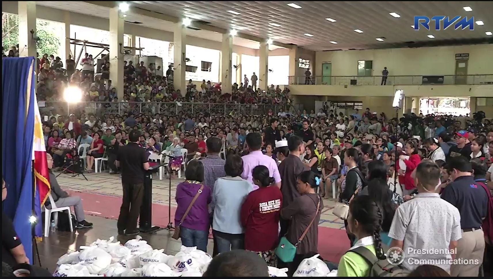President Duterte addressing some of the quake victims in Surigao City gathered inside the Surigao City Hall Gymnasium. (photo grabbed from RTVM video)