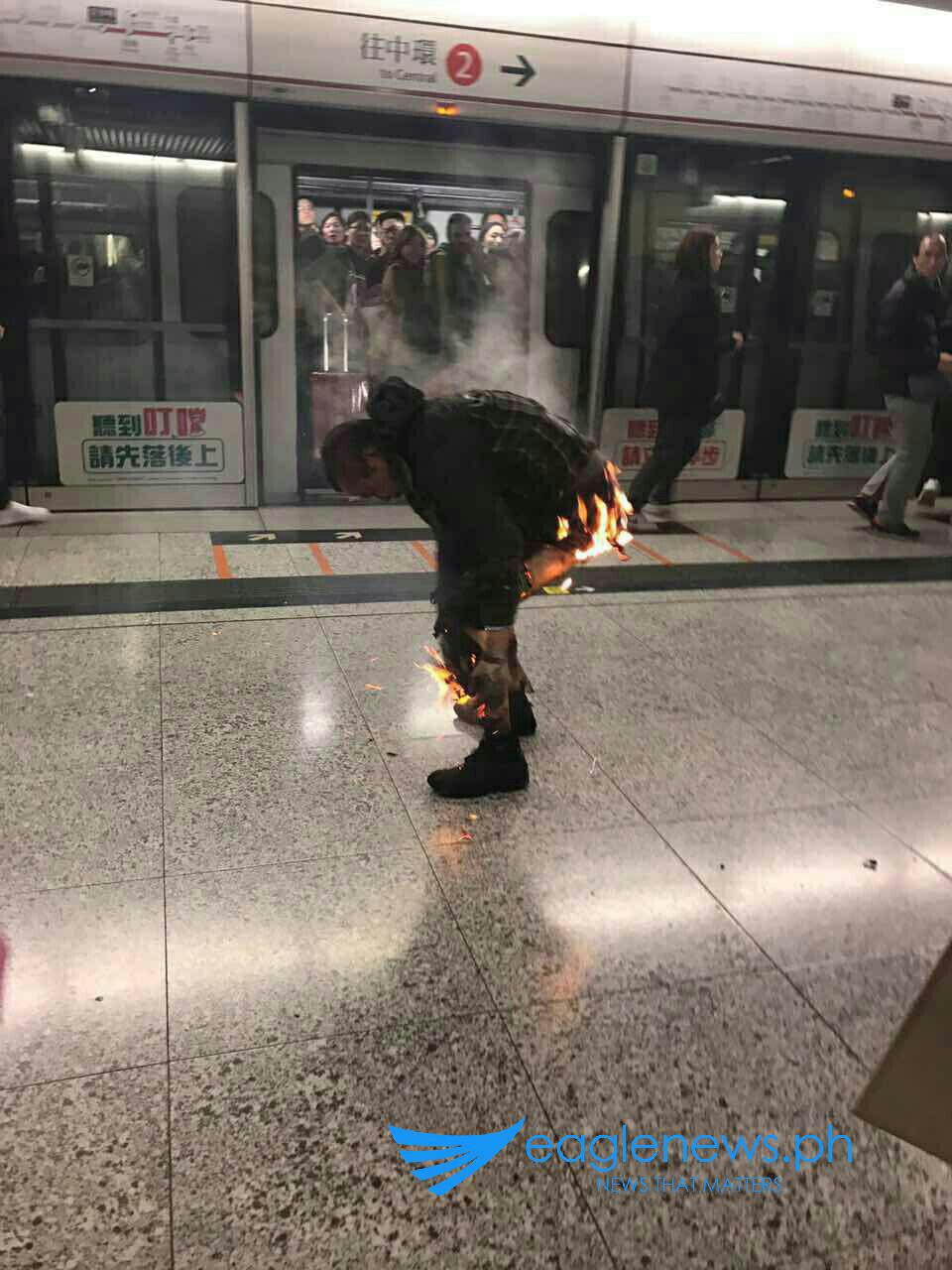 RUSH hour subway fire.  (Warning graphic image). This Hong Kong tourist was among three people in critical condition Saturday after a rush hour fire on a Hong Kong subway train on Friday, February 10, 2017.   Police say one of those critically injured had admitted to starting the fire himself, after dousing his trousers with thinner liquid.  His mental condition is still being checked.  (Photo courtesy Eagle News Service Hong Kong bureau)) 