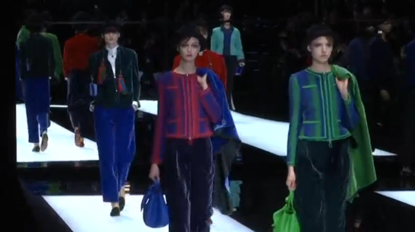 Famed Italian designer Giorgio Armani plays with tassels, beads, reds, greens and blues for his Autumn-Winter 2017/18 collection presented on the last day of the Milan Fashion Week. (Photo grabbed from Reuters video)