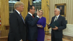 Donald Trump's pick for Treasury Secretary, Steven Mnuchin, is sworn into office after the U.S. Senate approves his nomination and says during a White House ceremony that he will use his office to create more jobs, and combat terrorist activities and financing.(photo grabbed from Reuters video)