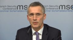 NATO Secretary-General Jens Stoltenberg says the Western alliance is working to reduce tensions and improve its relations with Russia, during a news conference at the Munic Security Conference.  (Photo grabbed from Reuters video)