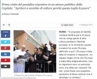 A part of the article of the La Repubblica, an Italian daily general-interest newspaper, on the Catholic Pope's visit at the Roman Tre University on Friday, February 17, 2017. The photo used was that of the Pope as he was perusing the Pasugo (God's Message) magazines given to him by a Filipino student, Klein Mendiola. (Photo from online news of La Repubblica. by La Repubblica, an Italian daily general-interest newspaper)