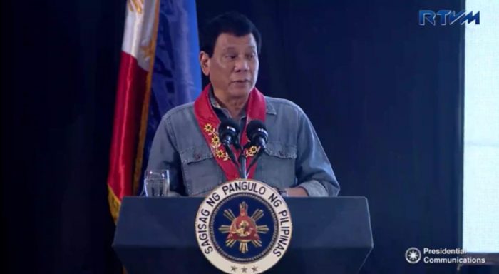 President Duterte speaking at the the 38th national convention of the Philippine Association of Water Districts in Davao City on Thursday, February 2, 2016. (Photo grabbed from RTVM video)