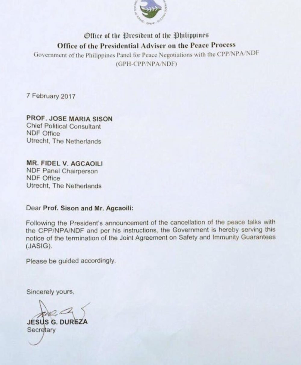 Philippine gov't sends formal notice to NDF on JASIG termination