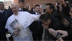 Catholic Pope Francis appears amused after talking to a Filipino student, Klein Mendiola, at the Roman Tre University which he visited for the first time on Friday, February 17, 2017. He carried with him the two Pasugo (God's Message) magazines given to him by the Filipino student, Klein Mendiola who is a member of the INC's local congregation in Rome, Italy. (Photo grabbed from Centro Televisivo Vaticano,CTV. the official television production center filming the Catholic Pope's activities) 