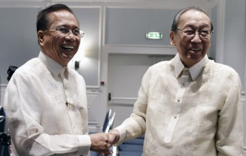 (File photo) Chief of the National Democratic Front of Philippines (NDFP) Jose Maria Sison (R) shakes hand with Philippines Presidential Adviser on the Peace Process Jesus G. Dureza during the opening ceremony of the formal peace talks between the Philippine government and the (NDFP) in Rome on 19 January 2017. The Philippines expressed hope of securing a permanent ceasefire deal with communist rebels waging one of Asia's longest insurgencies, as peace talks resumed in Italy. / AFP PHOTO / TIZIANA FABI