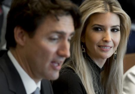 Canadian Prime Minister Justin Trudeau speaks alongside Ivanka Trump, daughter of US President Donald Trump, during a roundtable discussion on women entrepreneurs and business leaders in the Cabinet Room of the White House in Washington, DC, February 13, 2017. / AFP PHOTO / SAUL LOEB