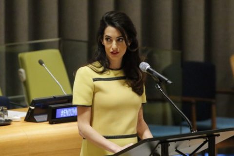 Amal Clooney Legal Representative for Nadia Murad and other Yazidi survivors, speaks at "The Fight against Impunity for Atrocities: Bringing Da'esh to Justice" at the United Nations Headaquarters on March 9, 2017 in New York.  / AFP PHOTO / KENA BETANCUR