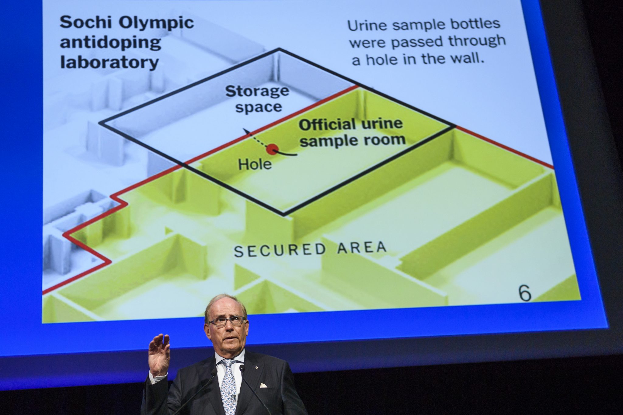 Canadian lawyer Richard McLaren, who produced a report for the World Anti-Doping Agency (WADA) which claimed that Russia had orchestrated state-sponsored doping at the 2014 Sochi Winter Olympics, addresses the WADA Annual Symposium in Lausanne on March 13, 2017. Russia still has "significant work" before its scandal tainted anti-doping operation regains global recognition, WADA chief Craig Reedie warned. The World Anti-Doping Agency chief said Russia's national agency had not proved it was shielded against "outside interference." / AFP PHOTO / Fabrice COFFRINI