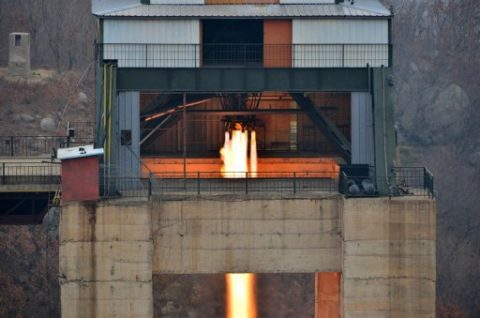 This undated picture released by North Korea's official Korean Central News Agency (KCNA) on March 19, 2017 shows the ground jet test of a newly developed high-thrust engine at the Sohae Satellite Launching Ground in North Korea. North Korea has tested a powerful new rocket engine, state media said on March 19, with leader Kim Jong-Un hailing the successful test as a "new birth" for the nation's rocket industry. / AFP PHOTO / KCNA VIA KNS / STR / South Korea OUT / REPUBLIC OF KOREA OUT ---EDITORS NOTE--- RESTRICTED TO EDITORIAL USE - MANDATORY CREDIT "AFP PHOTO/KCNA VIA KNS" - NO MARKETING NO ADVERTISING CAMPAIGNS - DISTRIBUTED AS A SERVICE TO CLIENTS THIS PICTURE WAS MADE AVAILABLE BY A THIRD PARTY. AFP CAN NOT INDEPENDENTLY VERIFY THE AUTHENTICITY, LOCATION, DATE AND CONTENT OF THIS IMAGE. THIS PHOTO IS DISTRIBUTED EXACTLY AS RECEIVED BY AFP. /