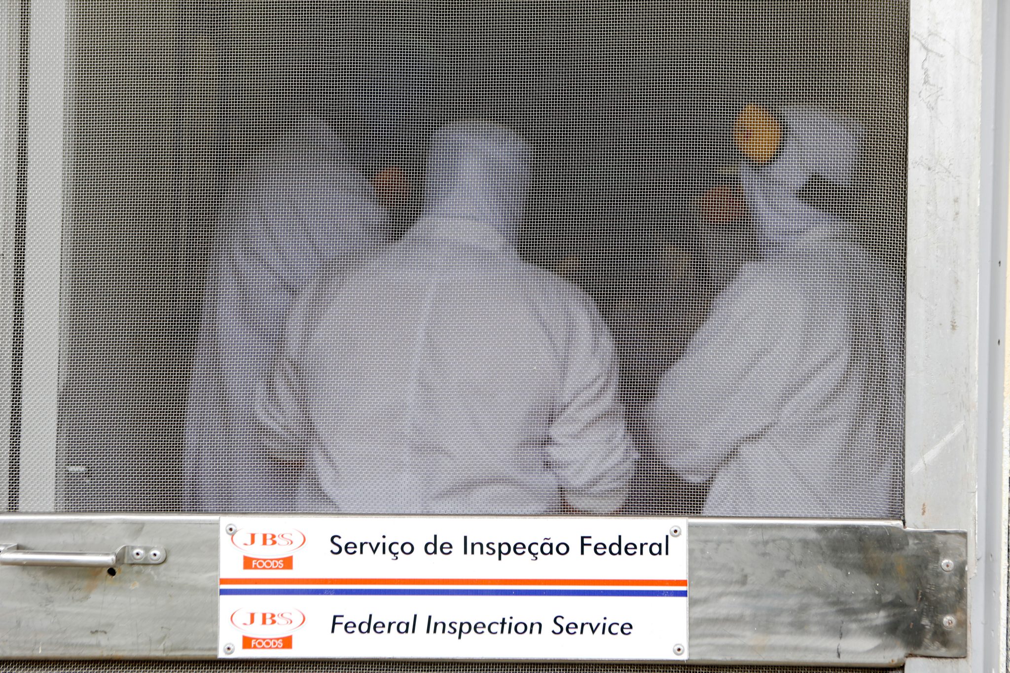 Technicians of the Brazilian Agriculture Ministry make an inspection visit to the JBS-Friboi chicken processing plant in Lapa, Parana State, Brazil on March 21, 2017. Brazil, the world's biggest beef and poultry exporter, has been hit by stomach-churning allegations of corrupt practices in its meat industry. Police have halted exports by 21 meat processers suspected of bribing inspectors to issue them bogus health certificates for rotten meat. / AFP PHOTO / RODRIGO FONSECA