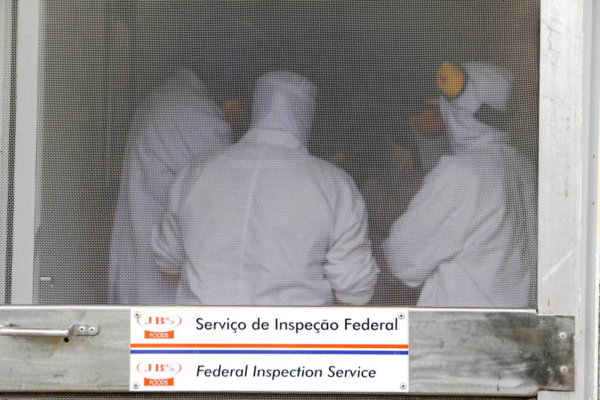 Technicians of the Brazilian Agriculture Ministry make an inspection visit to the JBS-Friboi chicken processing plant in Lapa, Parana State, Brazil on March 21, 2017.  Brazil, the world's biggest beef and poultry exporter, has been hit by stomach-churning allegations of corrupt practices in its meat industry. Police have halted exports by 21 meat processers suspected of bribing inspectors to issue them bogus health certificates for rotten meat. / AFP PHOTO / RODRIGO FONSECA