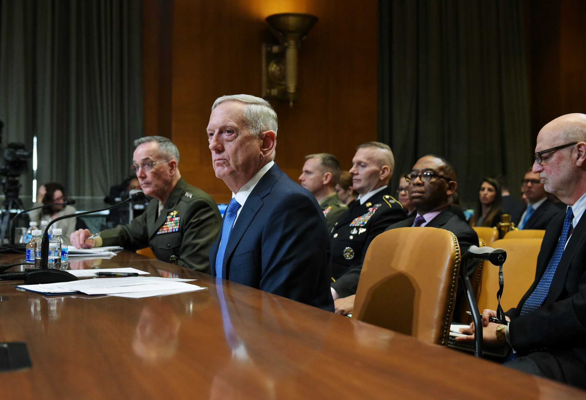 US Defense Secretary James Mattis (R) and Chairman of the Joint Chiefs of Staff Joseph Dunford (L) testify before the Senate Appropriations Committee Defense Subcommittee on defense readiness and budget update in the Dirksen Senate Office Building on March 22, 2017 in Washington, DC. / AFP PHOTO / MANDEL NGAN