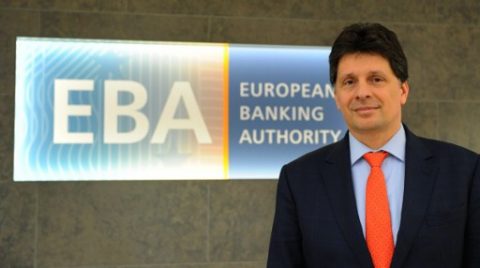 European Banking Authority (EBA) chief Adam Farkas poses for a picture at the EBA offices in London's Canary Wharf financial district on March 23, 2017. Brexit will likely see the European Banking Authority forced to quit London -- and rival cities are jockeying for position in the race to become its new home, EBA chief Adam Farkas told AFP. Farkas, executive director of the European Union's financial regulator since 2011, spoke in an interview at its headquarters in London's plush Canary Wharf finance district before the triggering of Britain's two-year EU exit procedure. / AFP PHOTO / Alice DORE / TO GO WITH STORY BY ALICE DORE