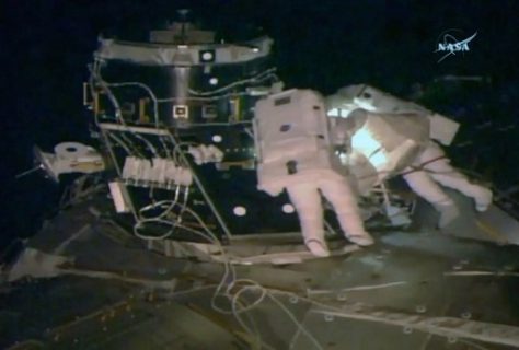 This NASA TV video grab shows US astronaut Peggy Whitson(L) and Shane Kimbrough outside the International Space Staion on March 30, 2017. American astronaut Peggy Whitson made history when she floated outside the International Space Station on Thursday, breaking the record for the most spacewalks by a woman. Whitson, 57, is making her eighth career spacewalk, surpassing the record of seven previously held by American Suni Williams. The spacewalk formally began at 7:29 am (1129 GMT) when Whitson and Shane Kimbrough switched their spacesuits to battery power before venturing outside the airlock and into the vacuum of space. / AFP PHOTO / NASA TV / Handout / RESTRICTED TO EDITORIAL USE - MANDATORY CREDIT AFP PHOTO /NASA TV - NO MARKETING - NO ADVERTISING CAMPAIGNS - DISTRIBUTED AS A SERVICE TO CLIENTS
