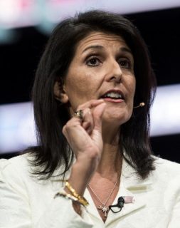(FILES) This file photo taken on March 27, 2017 shows US Ambassador to the United Nations Nikki Haley addressing the American Israel Public Affairs Committee (AIPAC) policy conference in Washington, DC. Haley said on March 30, 2017, that Washington is no longer focused on ousting President Bashar al-Assad as it seeks ways to end Syria's civil war. "You pick and choose your battles," Haley told reporters. "And when we're looking at this it's about changing up priorities and our priority is no longer to sit and focus on getting Assad out." / AFP PHOTO / NICHOLAS KAMM