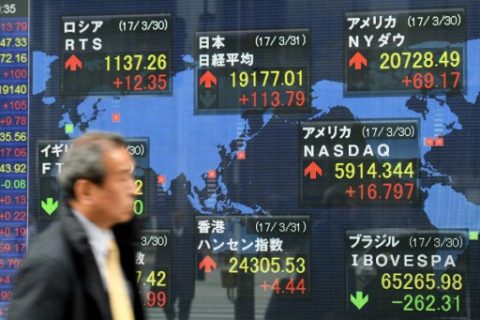 A passerby walks in front of a stock indicator at the window of a security company in Tokyo on March 31, 2017. Tokyo stocks opened higher on March 31 as exporters and banks rose on a weaker yen and solid US growth data. / AFP PHOTO / Toshifumi KITAMURA