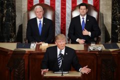 WASHINGTON, DC - FEBRUARY 28: U.S. President Donald Trump addresses a joint session of the U.S. Congress as Vice President Mike Pence (L) and House Speaker Rep. Paul Ryan (R) (R-WI) look on on February 28, 2017 in the House chamber of the U.S. Capitol in Washington, DC. Trump's first address to Congress focused on national security, tax and regulatory reform, the economy, and healthcare.   Chip Somodevilla/Getty Images/AFP