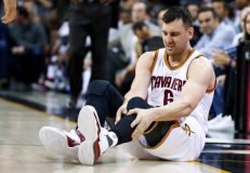 CLEVELAND, OH - MARCH 06: Andrew Bogut #6 of the Cleveland Cavaliers reacts after getting hurt in the first half while playing the Miami Heat at Quicken Loans Arena on March 6, 2017 in Cleveland, Ohio. NOTE TO USER: User expressly acknowledges and agrees that, by downloading and or using this photograph, User is consenting to the terms and conditions of the Getty Images License Agreement.   Gregory Shamus/Getty Images/AFP