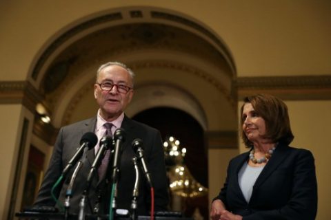 WASHINGTON, DC - MARCH 13: Senate Minority Leader Charles Schumer (L) (D-NY) speaks as House Minority Leader Nancy Pelosi (D-CA) looks on during a news conference at the U.S. Capitol on March 13, 2017 in Washington, DC. House Minority Leader Nancy Pelosi and Senate Minority Leader Charles Schumer (D-NY) held a news conference to react to the CBO report on the proposed American Health Care Act.   Justin Sullivan/Getty Images/AFP