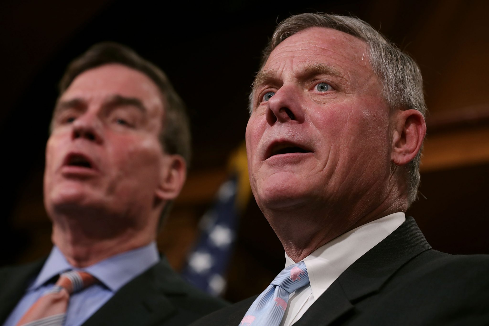 WASHINGTON, DC - MARCH 29: Senate Intelligence Committee Chairman Richard Burr (R-NC) (R) and ranking member Sen. Mark Warner (D-VA) hold a news conference about the committee's investigation into Russian interference into the 2016 presidential election at the U.S. Capitol March 29, 2017 in Washington, DC. The senators said that an unprecedented number of committee staff have been given access to information from the intelligence community during this investigation. Chip Somodevilla/Getty Images/AFP