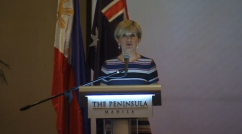 Australian foreign minister Julie Bishop calls on claimant countries to stop any military build-up in the South China Sea and urges nations to cooperate in the fight against Islamic State. (Photo grabbed from Reuters video)