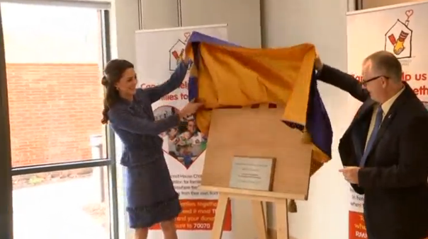 Britain's Duchess of Cambridge opens new residence for sick children and families in London. (Photo grabbed from Reuters video)
