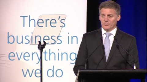 New Zealand's Prime Minister Bill English announces a renewed free trade push ahead of a visit by Chinese Premier Li Keqiang.(photo grabbed from Reuters video)
