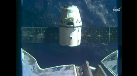 The SpaceX Dragon cargo resupply craft is released from the International Space Station to begin its journey back to Earth, where it will splash down in the Pacific Ocean.(grabbed from Reuters video)