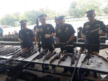 Officials of the Quezon City Police District present to the media the high-powered firearms and various ammunition recovered from the 36 Tandang Sora compound which was previously illegally occupied by expelled members of the Iglesia Ni Cristo led by Felix Nathaniel "Angel" Manalo. The QCPD had raided the property and have filed charges against the illegal occupants there. No bail was recommended for Angel Manalo who had been charged with illegal possession of firearms and ammunition before the Quezon City Prosecutor's Office. (Eagle News Service)