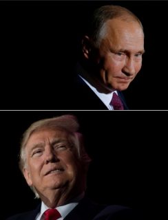 (COMBO) This combination of file photos created on January 16, 2017 shows US President-elect Donald Trump (December 16, 2016 in Orlando, Florida) and Russian President Vladimir Putin (top, October 19, 2016 in Berlin). US President Donald Trump spoke Monday with Russian counterpart Vladimir Putin and pledged Washington's "full support" for Moscow's response to the deadly attack on the Saint Petersburg metro, the White House AFP PHOTO