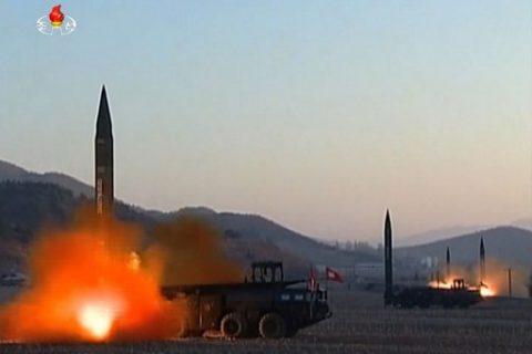 This screen grab taken from North Korean broadcaster KCTV on March 7, 2017 shows ballistic missiles being launced during a military drill from an undisclosed location in North Korea. Nuclear-armed North Korea launched four ballistic missiles on March 6 in another challenge to President Donald Trump, with three landing provocatively close to America's ally Japan. / AFP PHOTO / KCTV / Handout / - South Korea OUT / RESTRICTED TO EDITORIAL USE - MANDATORY CREDIT "AFP PHOTO /KCTV" - NO MARKETING NO ADVERTISING CAMPAIGNS - DISTRIBUTED AS A SERVICE TO CLIENTS