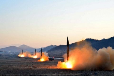 This undated picture released by North Korea's Korean Central News Agency (KCNA) via KNS on March 7, 2017 shows the launch of four ballistic missiles by the Korean People's Army (KPA) during a military drill at an undisclosed location in North Korea. Nuclear-armed North Korea launched four ballistic missiles on March 6 in another challenge to President Donald Trump, with three landing provocatively close to America's ally Japan. / AFP PHOTO / KCNA VIA KNS / STR / South Korea OUT / REPUBLIC OF KOREA OUT   ---EDITORS NOTE--- RESTRICTED TO EDITORIAL USE - MANDATORY CREDIT "AFP PHOTO/KCNA VIA KNS" - NO MARKETING NO ADVERTISING CAMPAIGNS - DISTRIBUTED AS A SERVICE TO CLIENTS THIS PICTURE WAS MADE AVAILABLE BY A THIRD PARTY. AFP CAN NOT INDEPENDENTLY VERIFY THE AUTHENTICITY, LOCATION, DATE AND CONTENT OF THIS IMAGE. THIS PHOTO IS DISTRIBUTED EXACTLY AS RECEIVED BY AFP.  /