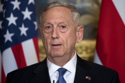 U.S. Defence Secretary James Mattis speaks to journalists during a press conference with British Defence Secretary Michael Fallon (unseen) in London on March 31, 2017. / AFP PHOTO / Justin TALLIS