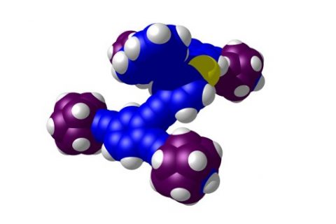 A handout picture received from the French National Center for Scientific Research (CNRS) on April 4, 2017 shows "Dipolar Racer", the model of the synthesized nanoscale car for the American and Austrian team, the American-Austrian NanoPrix of the Smalley Institute laboratory for Nanoscale Science and Technology at the Rice University (Houston, USA) and the Institute for Chemistry of the Graz University (Graz, Austria), which will participate in the Nanocar Race from April 28 to 29, 2017. Organised by the CNRS, the Nanocar Race will take place in Toulouse for 36 hours from April 28 to 29 in Toulouse. The vehicles, which consist of a few hundred atoms, will be powered by minute electrical pulses, and they must navigate the length of a racecourse made of gold atoms. / AFP PHOTO / CNRS / Handout / RESTRICTED TO EDITORIAL USE - MANDATORY CREDIT "AFP PHOTO /CNRS / Gwenael RAPENNE " - NO MARKETING NO ADVERTISING CAMPAIGNS - DISTRIBUTED AS A SERVICE TO CLIENTS - NO ARCHIVES AFTER MAY 31, 2017