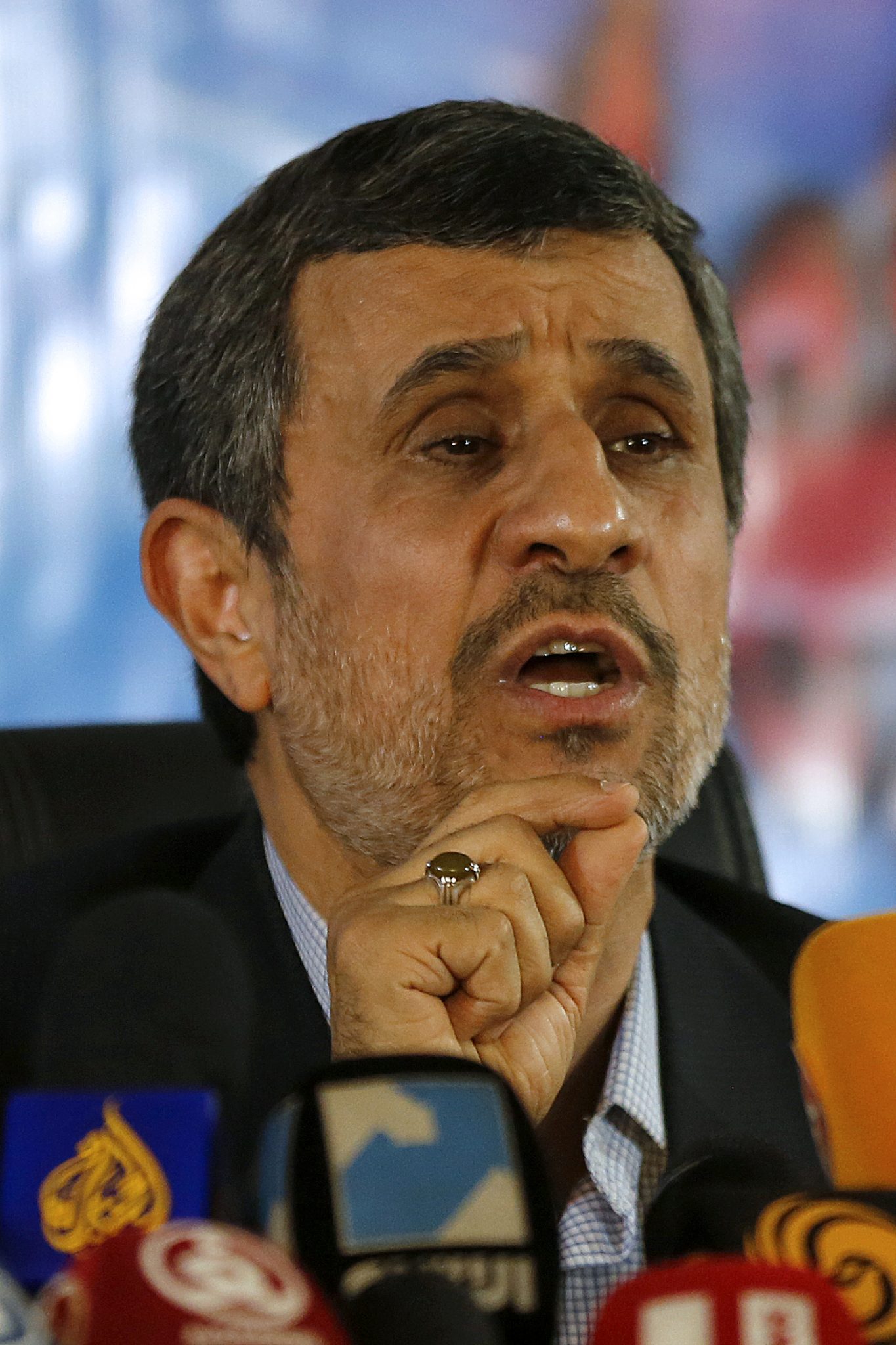 Former Iranian president Mahmoud Ahmadinejad speaks during a press conference in the capital Tehran on April 5, 2017. Former hardline Iranian president Mahmoud Ahmadinejad said he would support his former vice president, Hamid Baghaie, in May's presidential election. / AFP PHOTO / ATTA KENARE