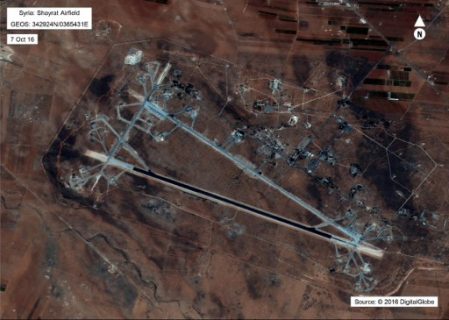 This image released by the US Department of Defense, shows the Shayrat airfield in Syria on October 7, 2016. US President Donald Trump ordered a massive military strike on a Syrian air base on Thursday in retaliation for a "barbaric" chemical attack he blamed on President Bashar al-Assad. The US military fired dozens of cruise missiles at the Shayrat Airfield at 8:45 pm Eastern Time (0000 GMT), officials said. / AFP PHOTO / US Department of Defense / HO / RESTRICTED TO EDITORIAL USE - MANDATORY CREDIT "AFP PHOTO / US Department of Defense" - NO MARKETING NO ADVERTISING CAMPAIGNS - DISTRIBUTED AS A SERVICE TO CLIENTS
