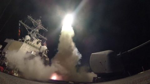 In this image released by the US Navy, the guided-missile destroyer USS Porter conducts strike operations while in the Mediterranean Sea, April 7, 2017. US President Donald Trump ordered a massive military strike on a Syrian air base on Thursday in retaliation for a "barbaric" chemical attack he blamed on President Bashar al-Assad. The missiles were fired from the USS Porter and the USS Ross, which belong to the US Navy's Sixth Fleet and are located in the eastern Mediterranean. / AFP PHOTO / US NAVY / Ford WILLIAMS / RESTRICTED TO EDITORIAL USE - MANDATORY CREDIT "AFP PHOTO / US NAVY / Mass Communication Specialist 3rd Class Ford Williams" - NO MARKETING NO ADVERTISING CAMPAIGNS - DISTRIBUTED AS A SERVICE TO CLIENTS