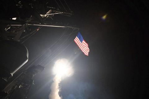 In this image released by the US Navy, the guided-missile destroyer USS Porter conducts strike operations while in the Mediterranean Sea, April 7, 2017.    US President Donald Trump ordered a massive military strike on a Syrian air base on Thursday in retaliation for a "barbaric" chemical attack he blamed on President Bashar al-Assad. The missiles were fired from the USS Porter and the USS Ross, which belong to the US Navy's Sixth Fleet and are located in the eastern Mediterranean. / AFP PHOTO / US NAVY / Ford WILLIAMS / RESTRICTED TO EDITORIAL USE - MANDATORY CREDIT "AFP PHOTO / US NAVY / Mass Communication Specialist 3rd Class Ford Williams" - NO MARKETING NO ADVERTISING CAMPAIGNS - DISTRIBUTED AS A SERVICE TO CLIENTS
