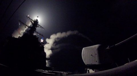 In this image released by the US Navy, the guided-missile destroyer USS Porter conducts strike operations while in the Mediterranean Sea, April 7, 2017.    US President Donald Trump ordered a massive military strike on a Syrian air base on Thursday in retaliation for a "barbaric" chemical attack he blamed on President Bashar al-Assad. The missiles were fired from the USS Porter and the USS Ross, which belong to the US Navy's Sixth Fleet and are located in the eastern Mediterranean. / AFP PHOTO / US NAVY / Ford WILLIAMS / RESTRICTED TO EDITORIAL USE - MANDATORY CREDIT "AFP PHOTO / US NAVY / Mass Communication Specialist 3rd Class Ford Williams" 