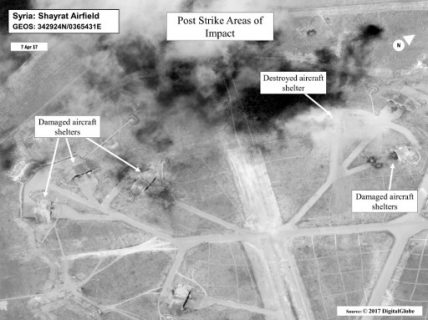 This satellite photo courtesy of the Department of Defense shows a battle damage assessment image of Shayrat Airfield, Syria,following US Tomahawk Land Attack Missile strikes on April 7, 2017 from the USS Ross (DDG 71) and USS Porter (DDG 78), Arleigh Burke-classguided-missile destroyers. The United States fired Tomahawk missiles into Syria in retaliation for the regime of Bashar Assad using nerve agents to attack his own people. / AFP PHOTO / DoD / Handout / RESTRICTED TO EDITORIAL USE - MANDATORY CREDIT AFP PHOTO /DOD - NO MARKETING - NO ADVERTISING CAMPAIGNS - DISTRIBUTED AS A SERVICE TO CLIENTS