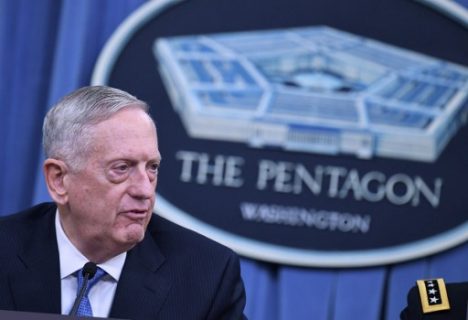 US Secretary of Defense James Mattis takes part in a briefing at the Pentagon in Washington, DC on April 11, 2017. The United States has "no doubt" that the regime of Syrian President Bashar al-Assad was responsible for last week's chemical attack on a rebel-held town that left dozens dead, Pentagon chief Jim Mattis said Tuesday. Mattis told reporters that Washington's military strategy in Syria had not changed even after its retaliatory missile strikes on a Syrian air base, noting "our priority remains the defeat" of the Islamic State group. / AFP PHOTO