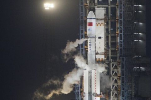 A Long March 7 orbital launch vehicle carrying China's cargo spacecraft Tianzhou-1 is seen shortly before lift off from its launch pad at the Wenchang Space Launch Centre in Wenchang, southern China's Hainan Province, on April 20, 2017. A Chinese rocket successfully sent the country's first cargo spacecraft, Tianzhou-1, into space from the southern island province of Hainan on April 20. / AFP PHOTO / FRED DUFOUR